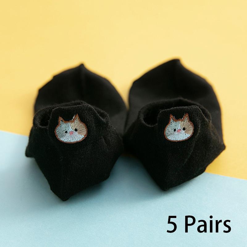 5/10 Pairs Women's Ankle Socks Cartoon Embroidery Cat Funny Short Socks Fashion No-Show Low Cut Soft Casual Female Boat Socks