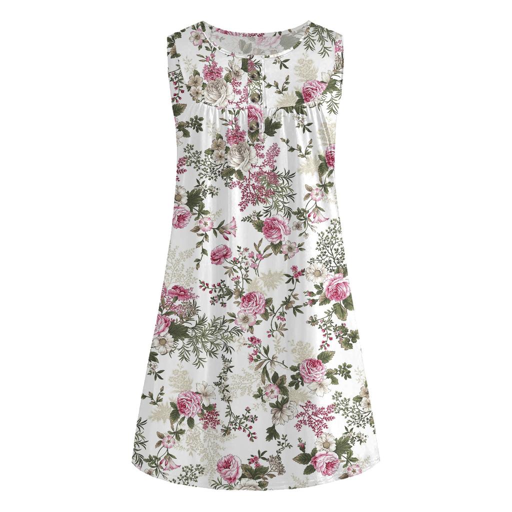 Fashion Women V-neck Printing Sleeveless Tunic Dresses Plus Size T-shirt Dress