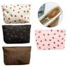 Corduroy Makeup Bag with Cute Strawberry Print, Portable Travel Cosmetic Organizer for Toiletries, Zippered Water-Resistant Pouch