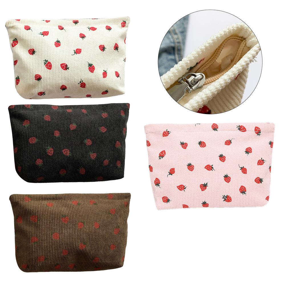 Corduroy Makeup Bag with Cute Strawberry Print, Portable Travel Cosmetic Organizer for Toiletries, Zippered Water-Resistant Pouch
