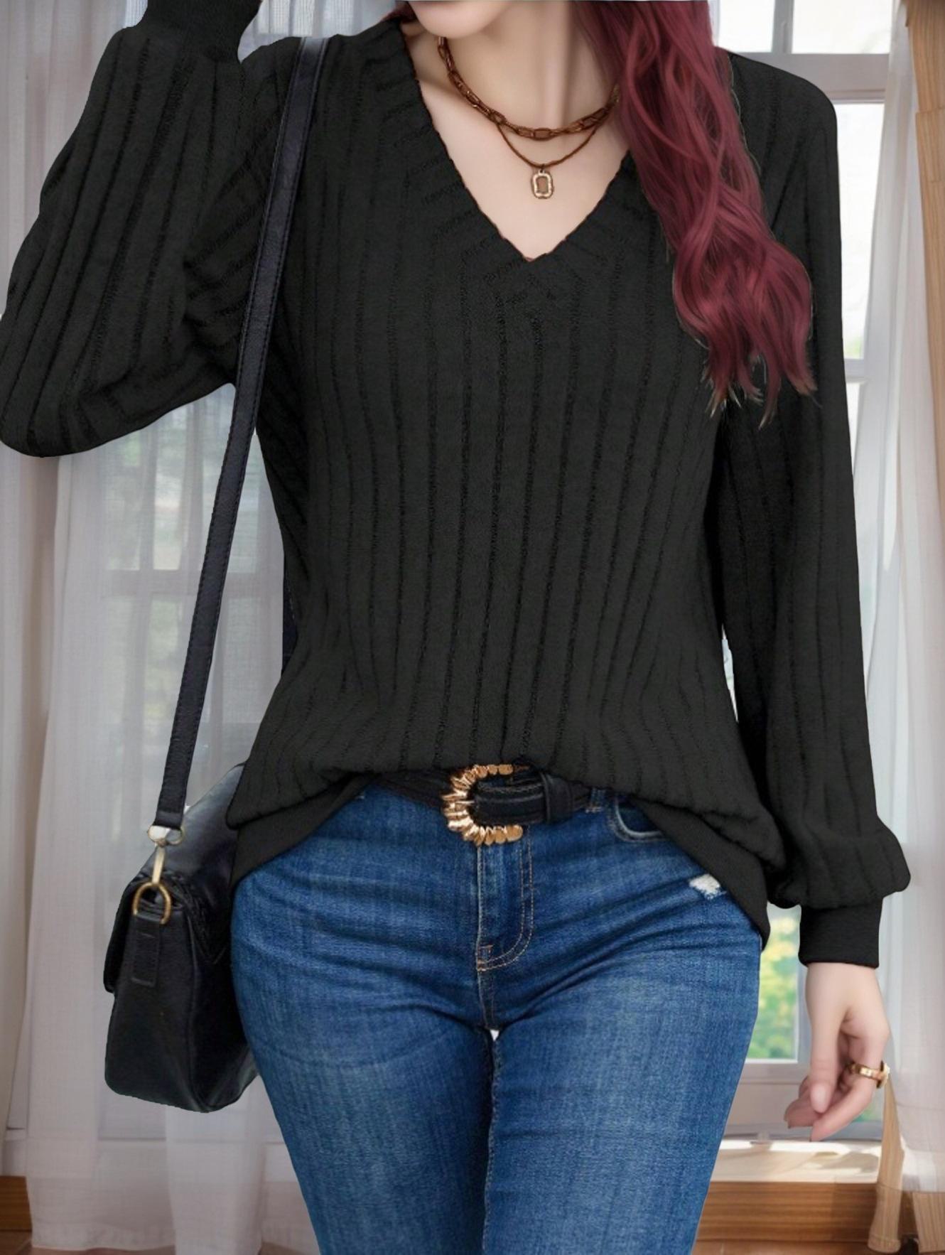 

2024 Women s V-Neck Long-Sleeve Striped Tops - European & American Style XL