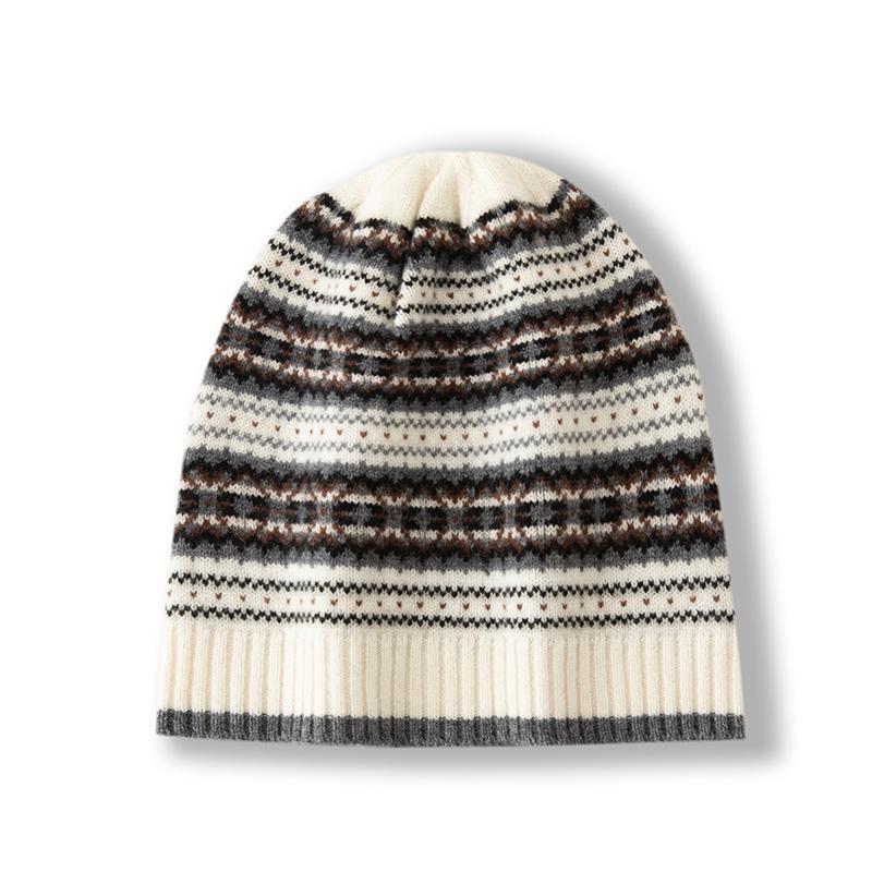 Women 100% Pure Cashmere Beanie Hat Fair Isle Knit Pattern Winter Warm Soft Slouchy Skullies Cap Cold Weather Accessory