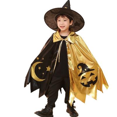 Boys Halloween Unisex Witch Cosplay Cloak + Witch Hat 2 Piece Costume Carnival Party Fancy Gold Black Color Blocking Dress Cape