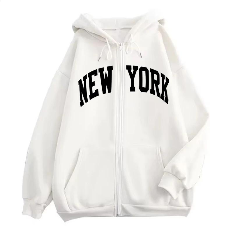 New York Pattern Print Zip Up Hoodie Women Autumn Winter Casual Fashion Korean Style Long Sleeve Coat Fleece Zipper Sweatshirts