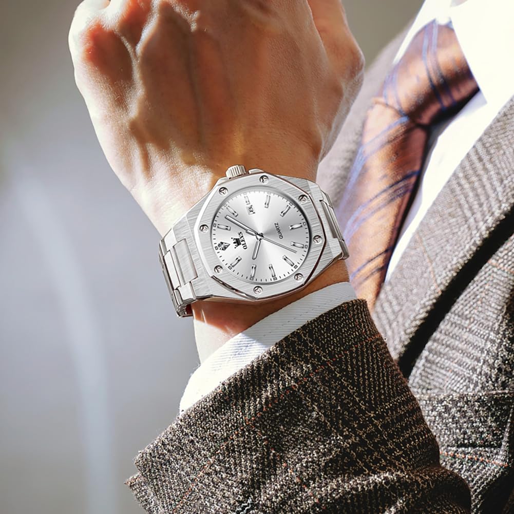 Octagonal Analog Quartz Olevs Stylish Stainless Steel Watch with Date Simple Suitable for and Job Large Metal Luminous Perfect As a Men's Watch,