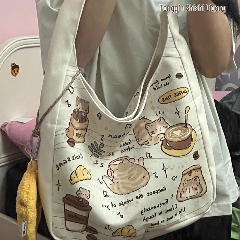 Vielseitige Cartoon-Kätzchen-Canvas-Tasche - Schultertasche mit großem Fassungsvermögen für Schule oder Pendeln