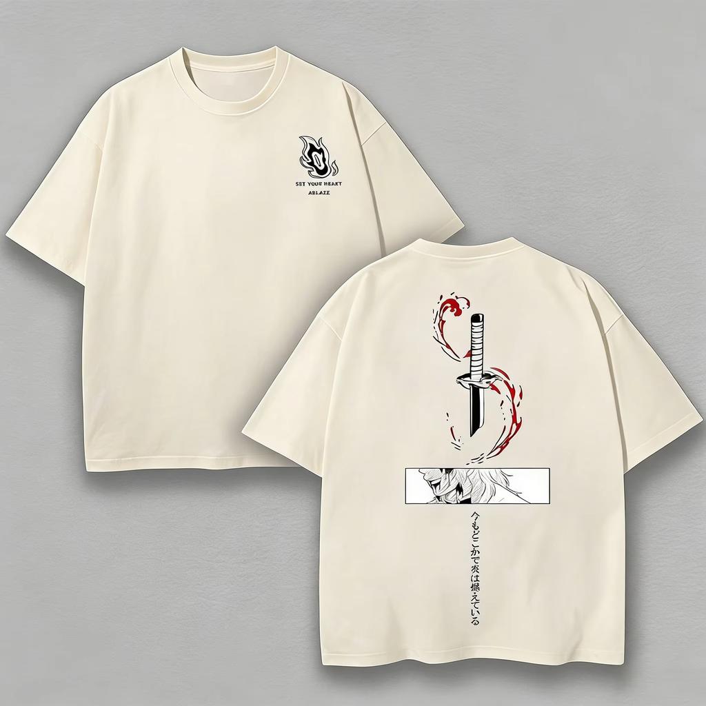 Unisexs Demon Slayer Rengoku TShirt Set Your Heart Ablaze Graphic Pure Cotton Tee Casual Anime Wear for Otaku Daily Campus Home