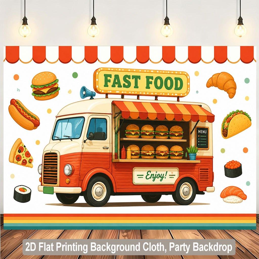 1 piece of 2D flat background cloth, used as the backdrop for selling various delicious hamburgers in the food vehicle.