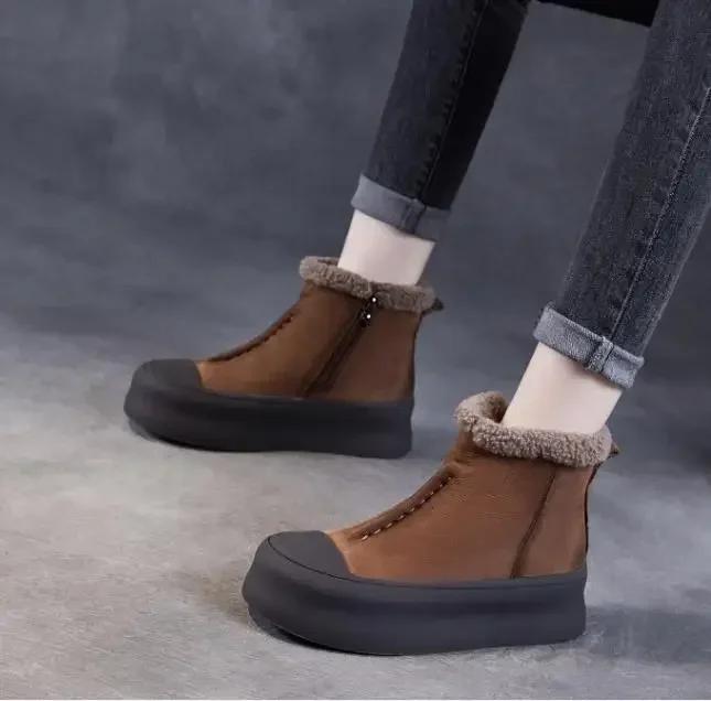 4CM Women Snow Boots Retro Thick Bottom Flat Platform Genuine Leather Zipper Winter Warm Ankle Boots For Women Cotton Shoes