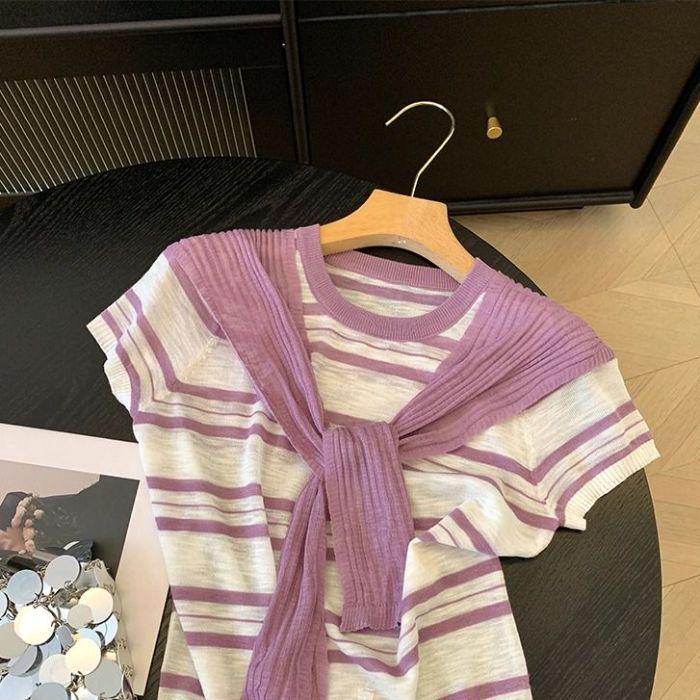 

Полосатая шаль, футболка с коротким рукавом, вязаный свитер для женского лета, тонкий, контрастный по цвету, слегка прозрачный, дизайнерский топ one size фиолетовый