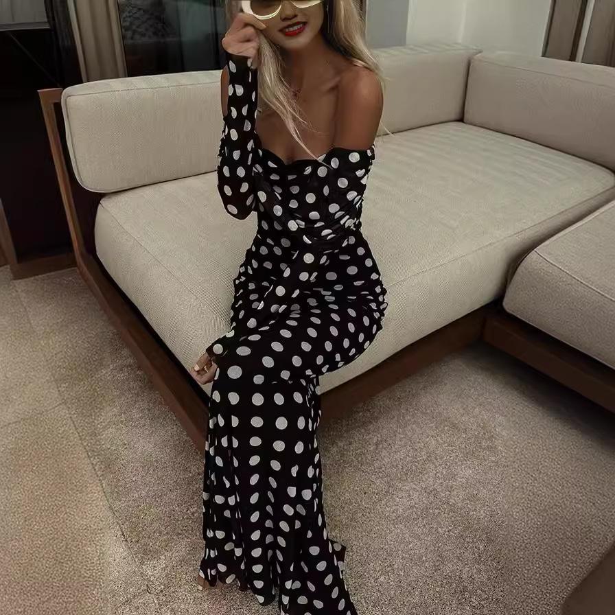 IHUASU Spring Summer Gauze Mesh Polka Dot Splicing A Line Shoulder Sexy Slim-fit Dress Woman