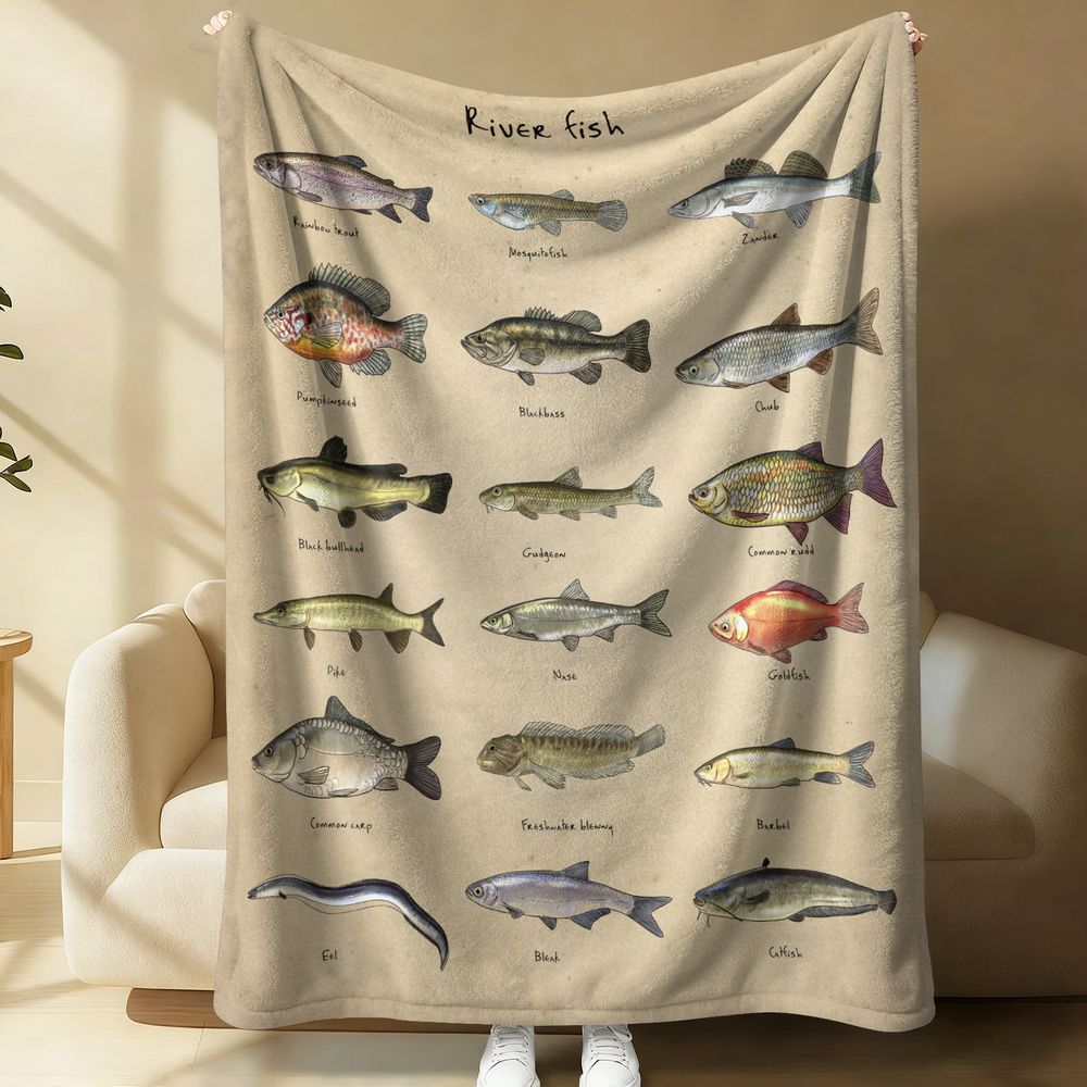Vintage River Fish Illustration Blanket Flannel Throw Gift Blanket Educational Chart Print Cozy Warm Sofa Bed Decor Home Textile 75X95CM