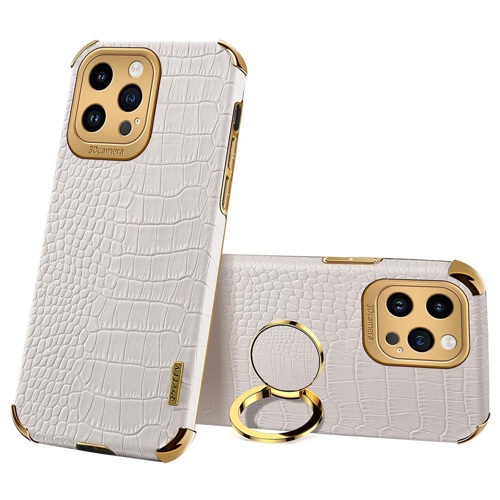 

For iPhone 15 Pro Max Ring Kickstand Phone Case Crocodile Texture Leather+TPU Anti-scratch Cover White