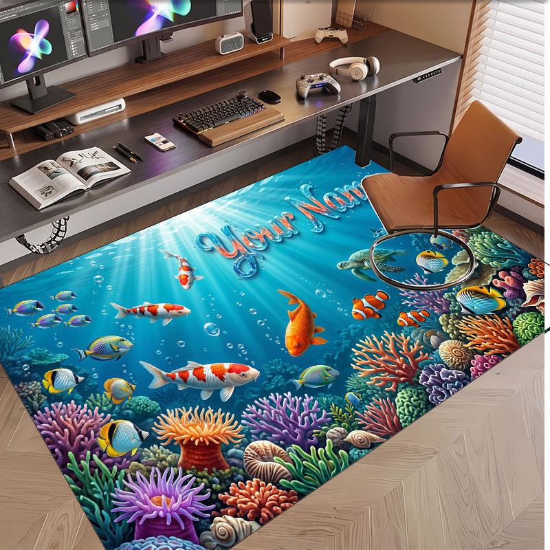 Fish Ocean Theme Soft Crystal Velvet Rug Custom Name & Text Print Non Slip Floor Rug for Bedroom Living Room