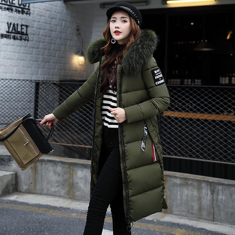 Hooded Long Women's Cotton Coat with Fur Collar for Fall/Winter