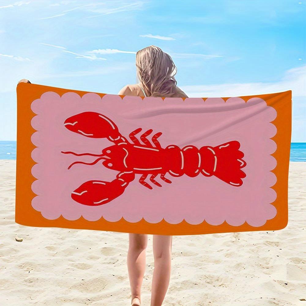 1 Stück, Roter Hummer Strandtuch Rosa Gezackter Rand Druck Meeresfrüchte Design Schnelltrocknend Weiche Mikrofaser Badetuch Für Frauen Sommer