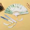 Hanfu Fan for Boys, Chinese Style 8inch Plastic Fan with Tassel Pendant, Trendy Folding Fan for Children, Silk Cloth, Ancient Style, Tear-Resistant