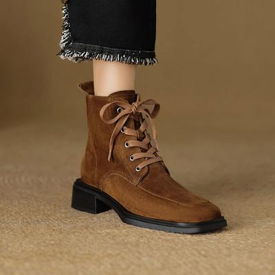 Fashion NEW Autumn Women Boots Sheep Suede Leather Shoes for Women Sqaure Toe Chunky Heel Shoes Lace-up Zipper Short Boots Daily Shoes