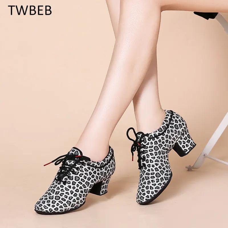 Leopard Latin Dance Shoes Jazz Tango Salsa Woman Modern Ballroom Dance Shoes Teacher Shoes 3.5cm/5cm Heels Dance Sneakers