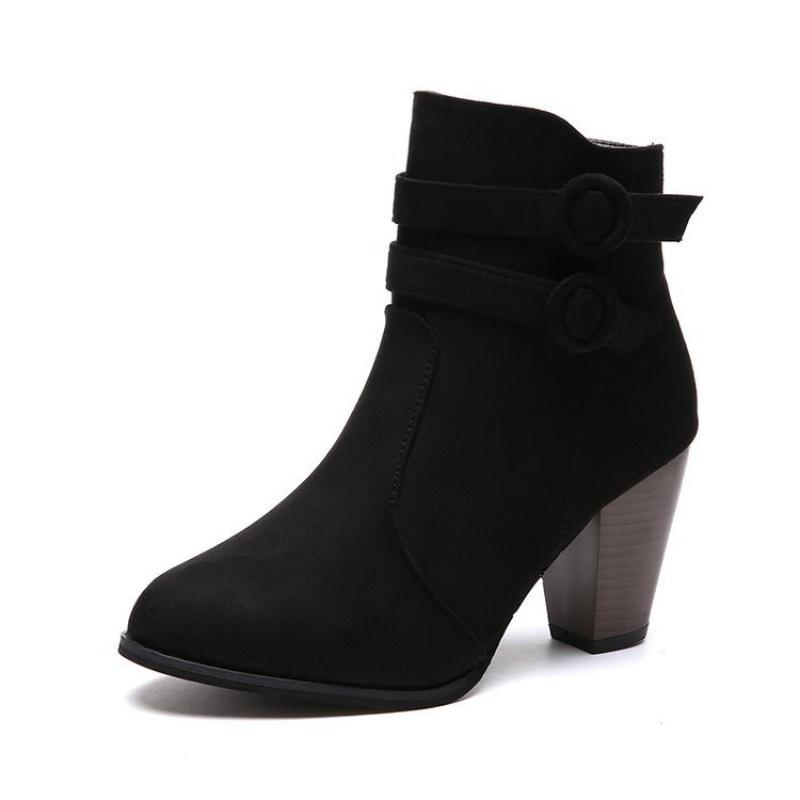 Fashion The 2025 autumn new style of fashionable suede belt buckle high-heeled bare boots with women's side zipper
