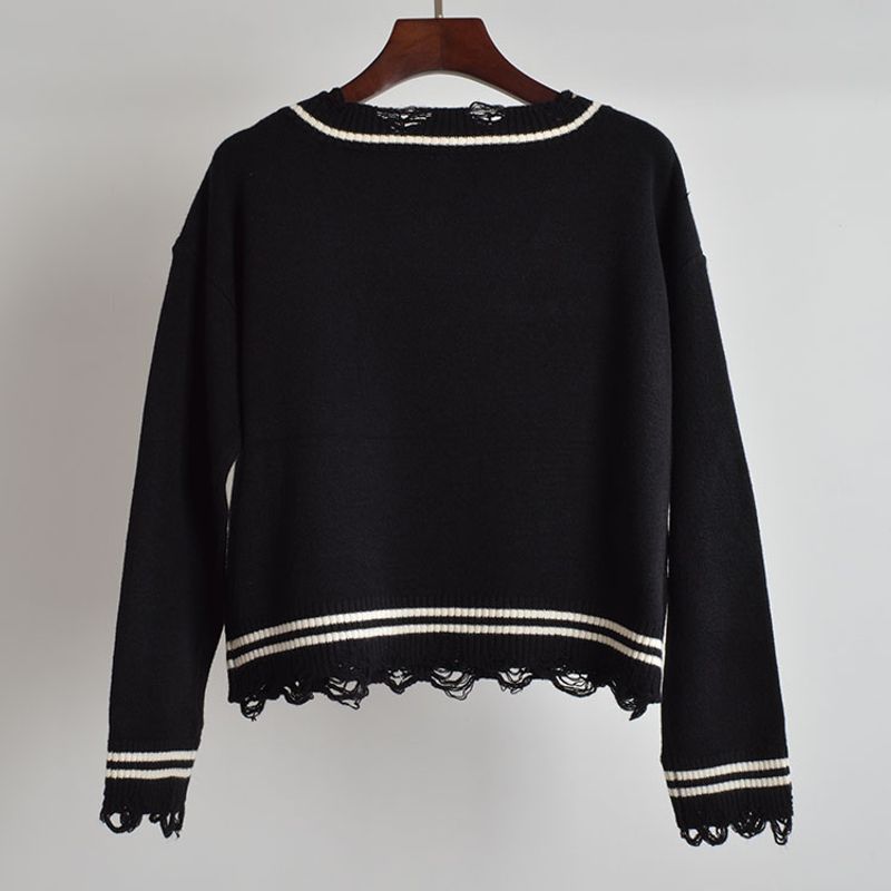 Spring & Fall New V-neck Short Tassel Raw Hem Ripped Long Sleeves Sweater Women's Thin Loose Slimming Sweater Tops