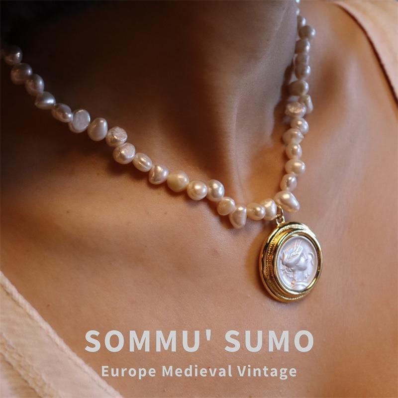 18K Electroplated Real Gold Diamond Hercules Ancient Coin Necklace, Portrait Antique Pendant Inlaid with Baroque Pearl Earrings