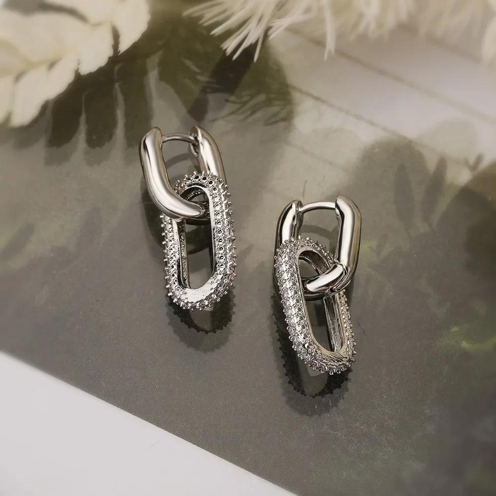 Temperament Two Section Double Link Dangle Earrings for Women Korean Charm Geometry silver Stainless Steel Stud Jewelry