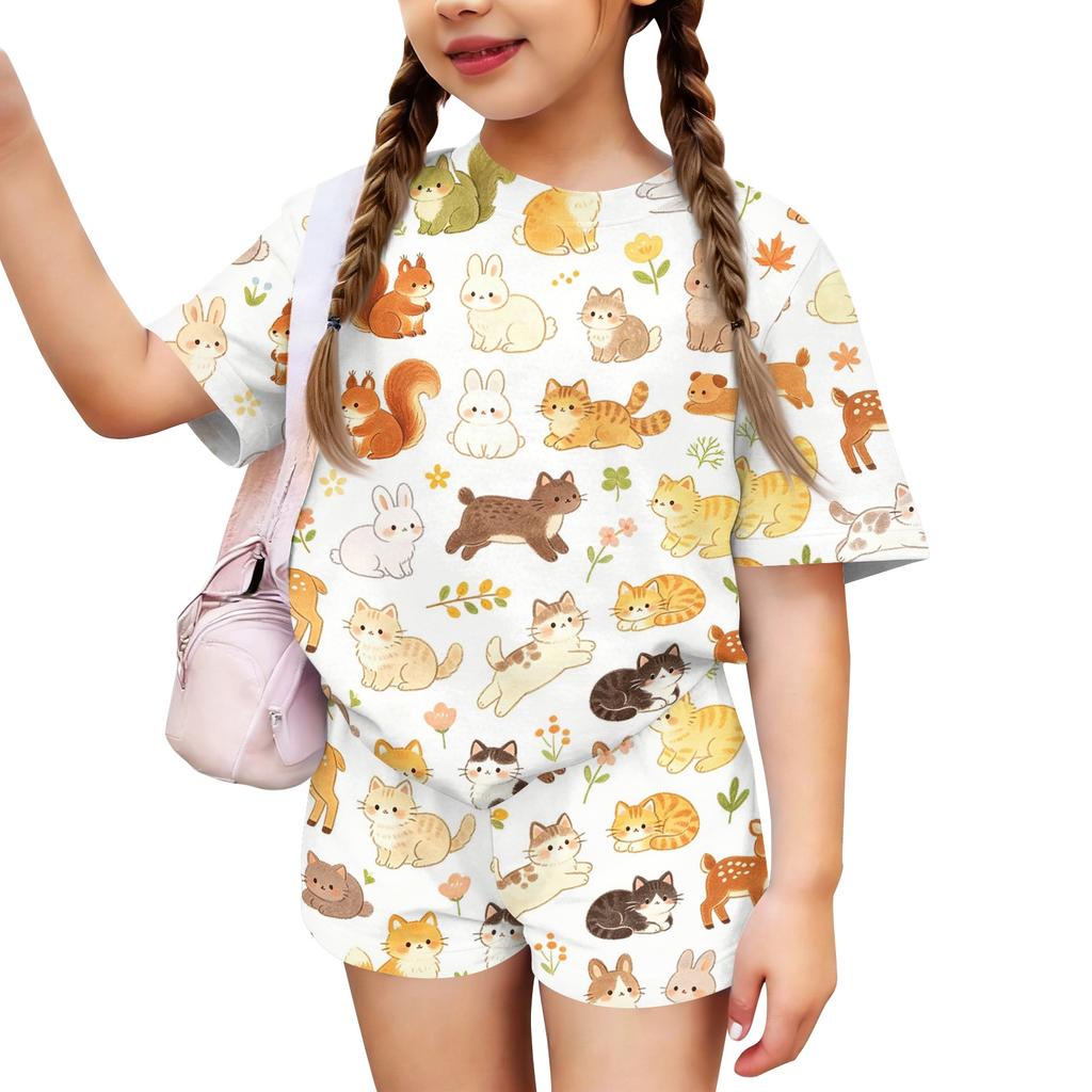 Kids Casual Short Sleeve Top and Shorts Set Animal Print Lightweight Soft Fabric Comfortable Fit Summer Outfit for Boys Girls