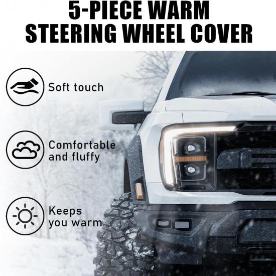 5 PCS Fluffy Steering Wheel Covers Set, Faux Wool Steering Wheel Cover & Handbrake Cover & Gear Shift Cover & 2 Seat Belt Shoulder Pads, Universal