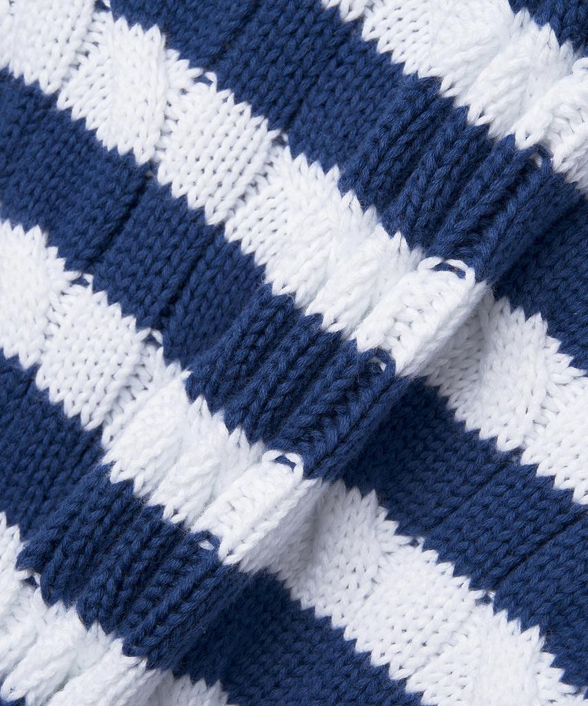 POLO RALPH LAUREN W Striped Cable Knit Short Sleeve Cotton Sweater - Blue Yacht/White