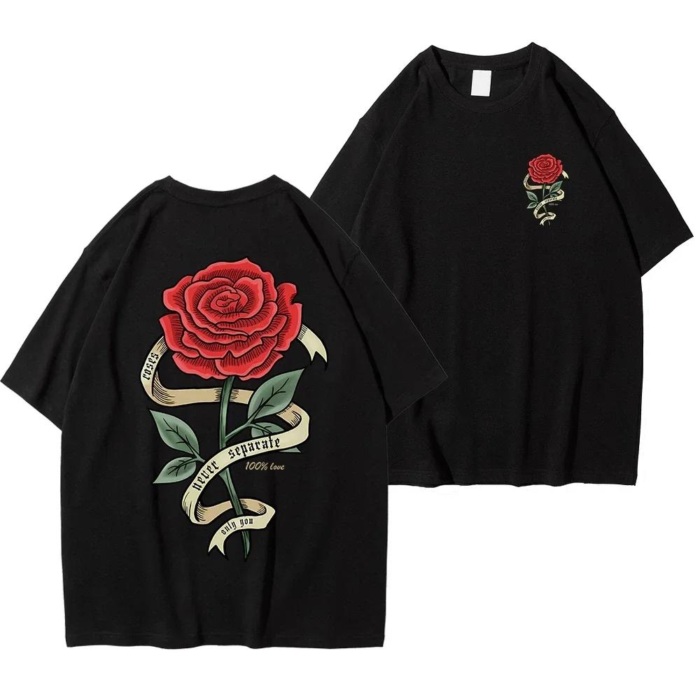Red Roses Wrapped In Ribbons Print Clothes Men Cotton Breathable Tee Clothes Unisex Oversized Casual Loose T-Shirts Short Sleeve