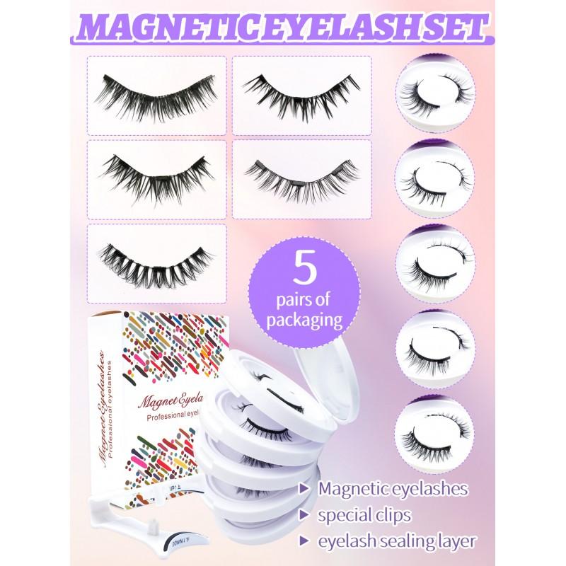 Magnetic Eyelashes No Glue 5 Pairs Set Natural Look False Daily Wear