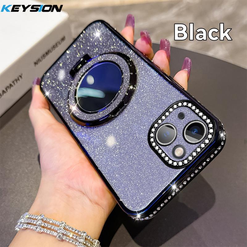 KEYSION Luxury Glitter Jewelled Magnetic Phone Case for iPhone 13 14 Pro Max Makeup Mirror Ring Stand Shockproof Back Cover