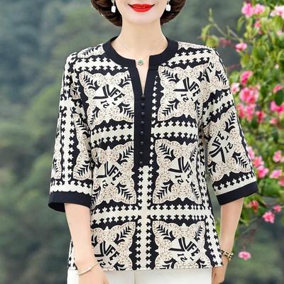 Women's New Spliced Pullover Round Neck Button Printed Fashionable Loose Centre Sleeve Shirt