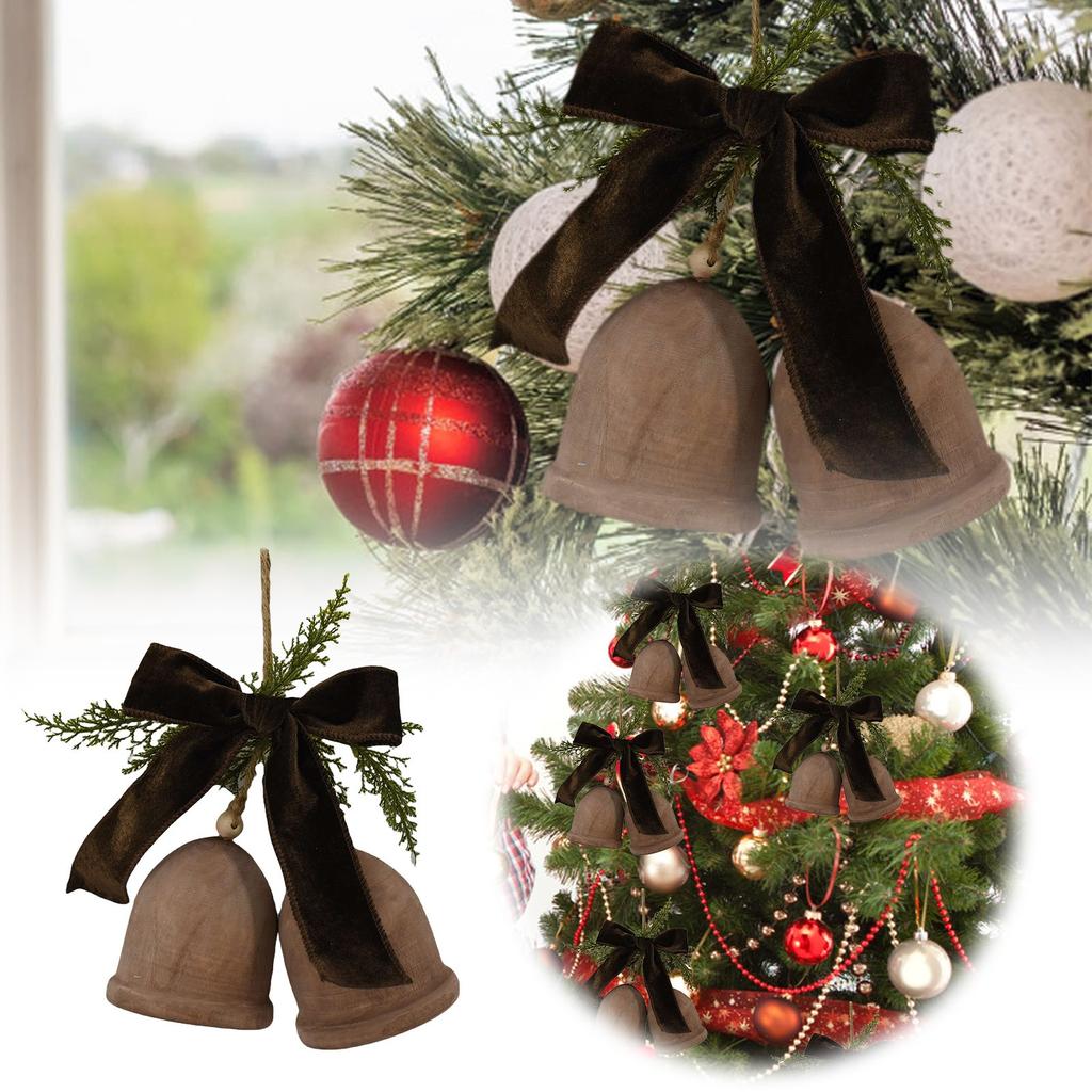 Wooden Bells With Bow Hanging Christmas Decoration, Brown