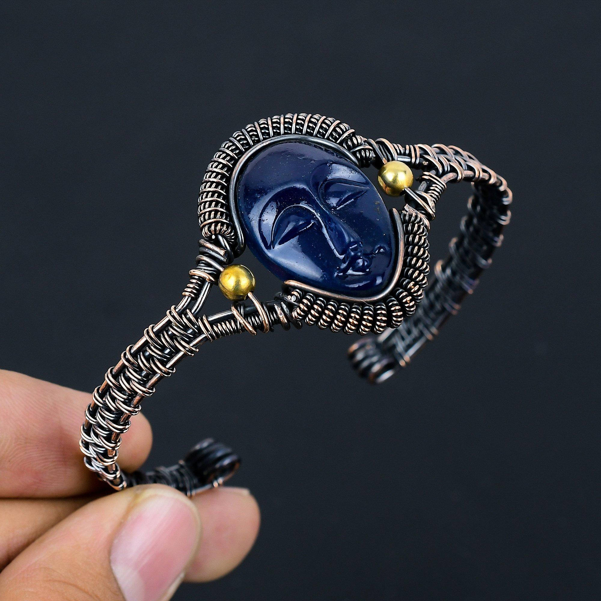 

Синий молящийся ангел, резное костяное лицо, браслет ручной работы новейшего дизайна, браслет с драгоценным камнем, обернутый медной проволокой 999 пробы, подарок для сестры