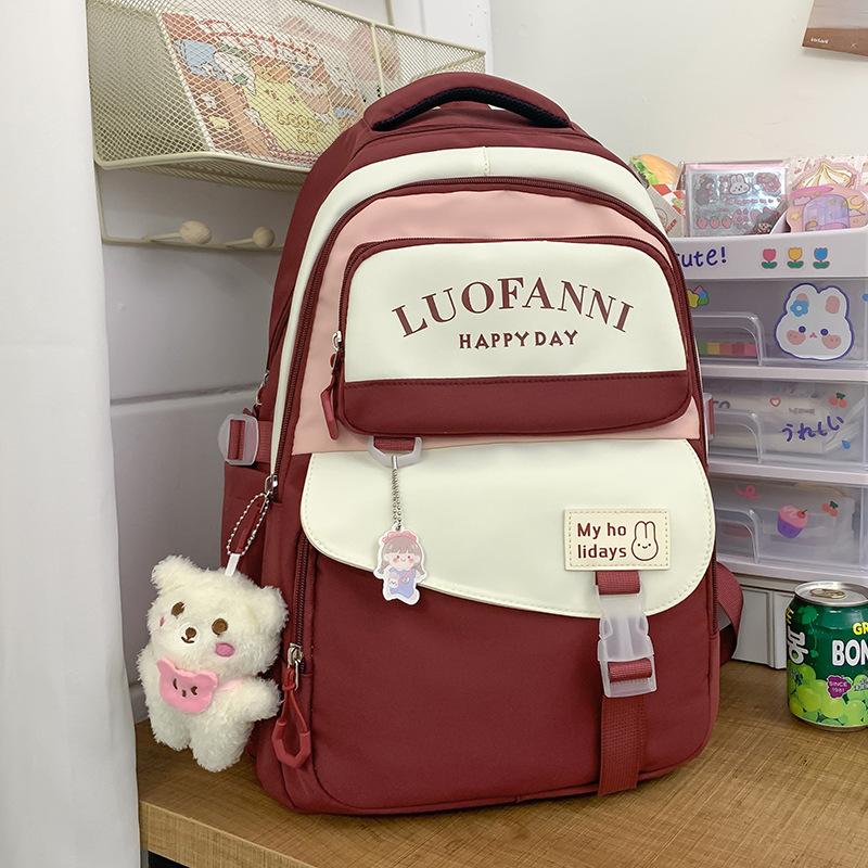 School Bag Girls High School Students High Quality Fashion Burgundy Junior High School Students Multi-layer Elementary School Students Backpack