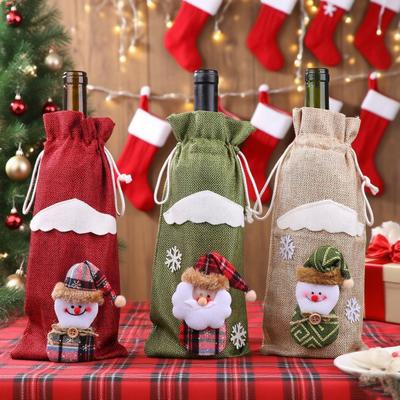 Christmas Burlap Wine Bags Cute Santa Claus Snowman Reindeer Design Reusable Wine Bottle Cover with Drawstring for Dinner Table Decor