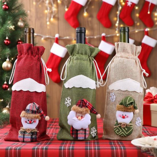 Christmas Burlap Wine Bags Cute Santa Claus Snowman Reindeer Design Reusable Wine Bottle Cover with Drawstring for Dinner Table Decor