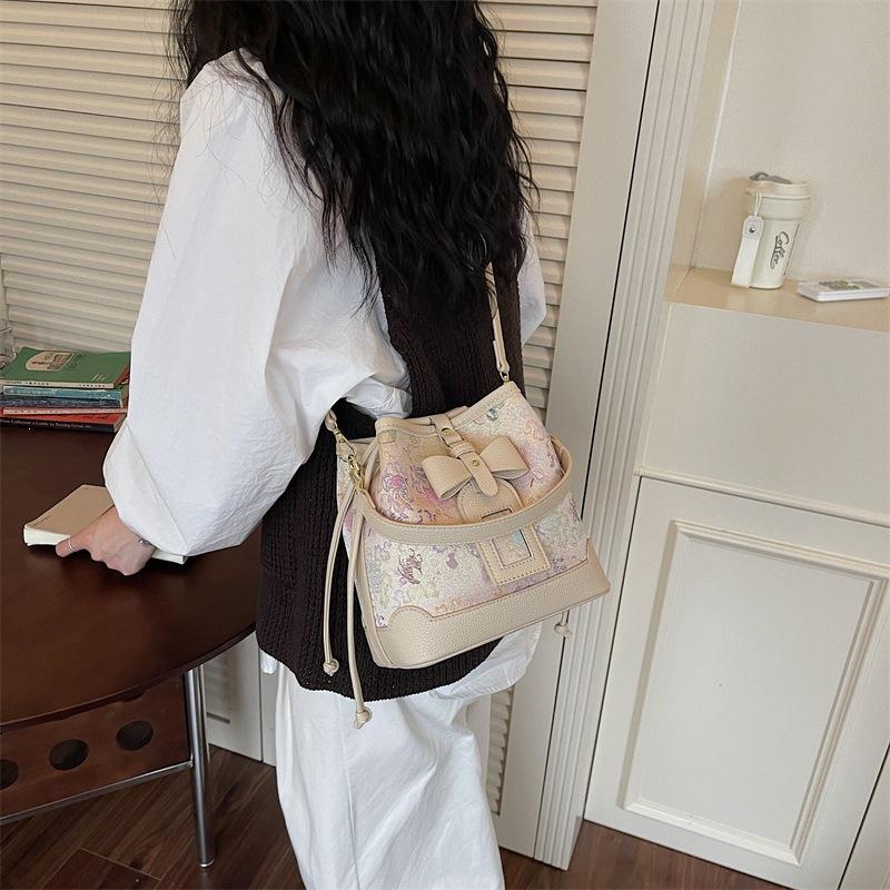 Bucket Bowknot Vintage Handbag with Ethnic Style and Three-color Glaze Bucket Bag for Casual Wear