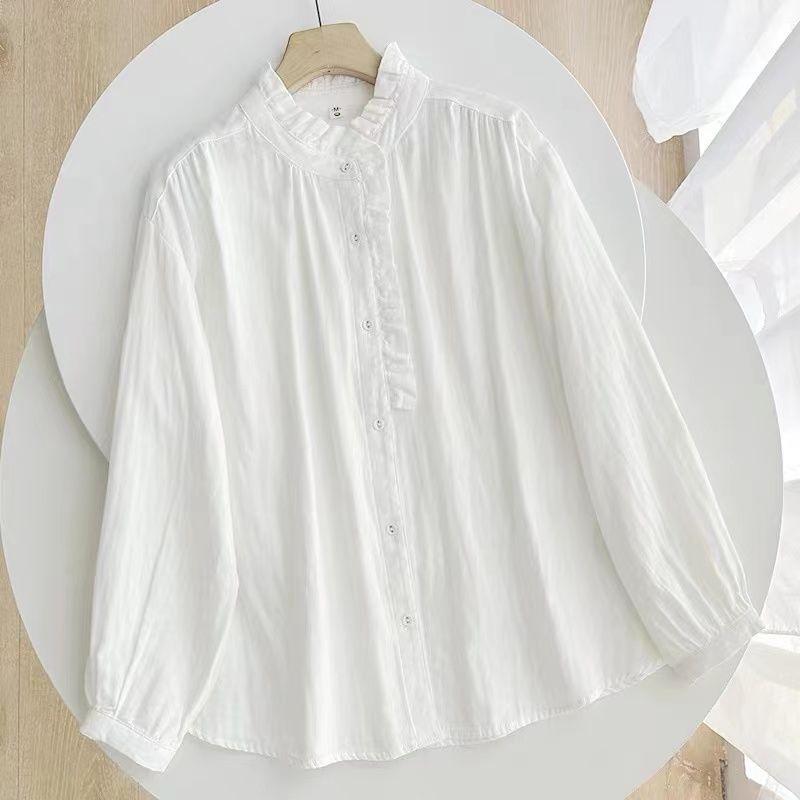 Women's Retro Cotton Linen Slimming Long Sleeve Shirt - Solid Color, Loose Fit for Spring & Autumn.