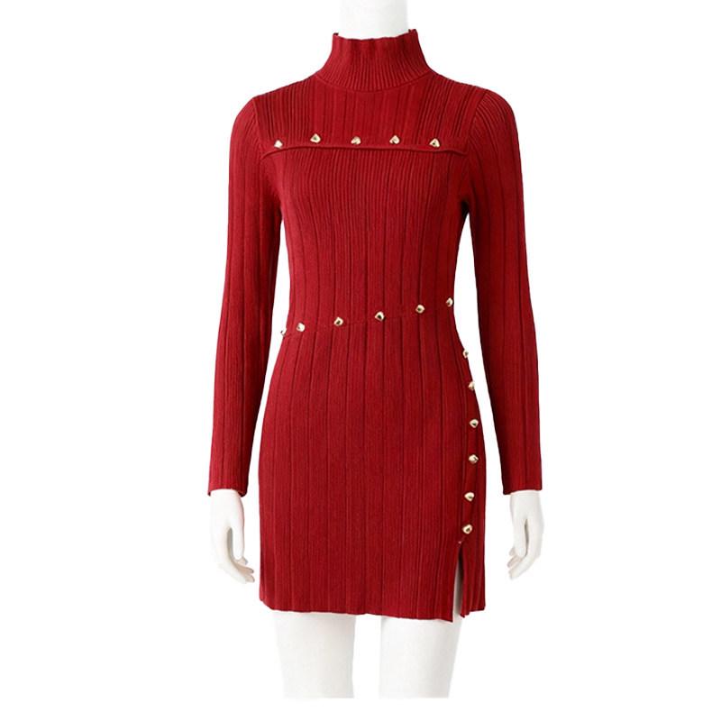 

2025 Fashionable Slim-fit Red Knit Winter Dress for Women - Elegant, Versatile & Waist-Cinching XL