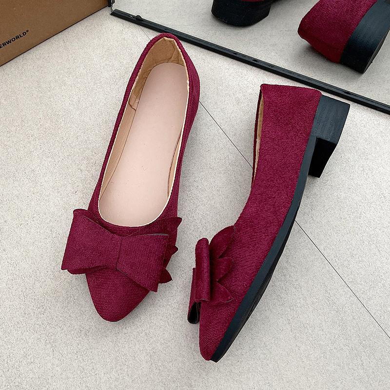 Fashion Women Big Bow Flats Fuchsia Antiskid Square Toe Shoes for Wide Feet Flock Chaussure in Green Khaki Ballet Slip-On Red