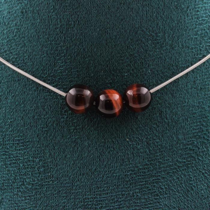 Collier - ABIJOUX - Oeil de Tigre rouge 8mm - Acier inoxydable - Longueur 45cm - Mixte