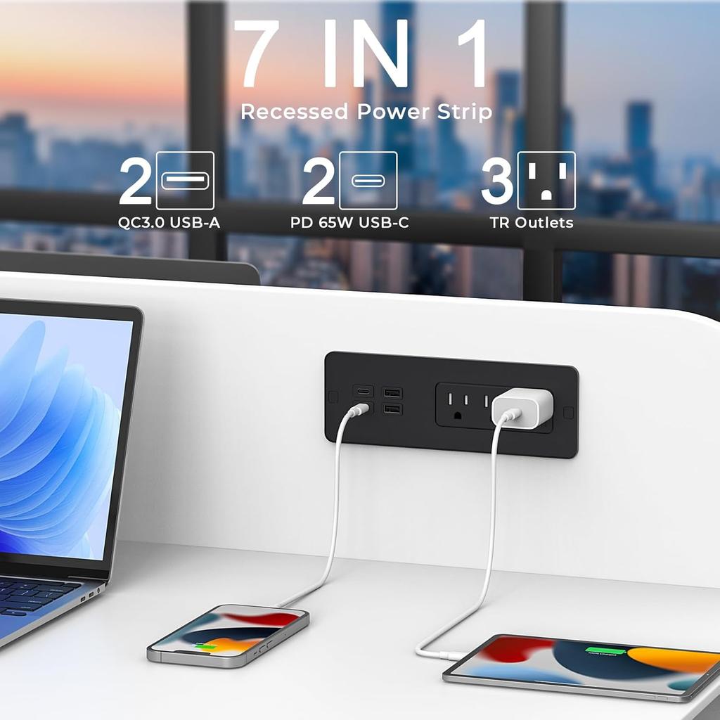 Recessed Power Strip with PD 65W USB C, Flush Mount Power Strip with 3 Outlets 4 USB Ports, Furniture Outlet with 2M Flat Plug Cable for Side Table