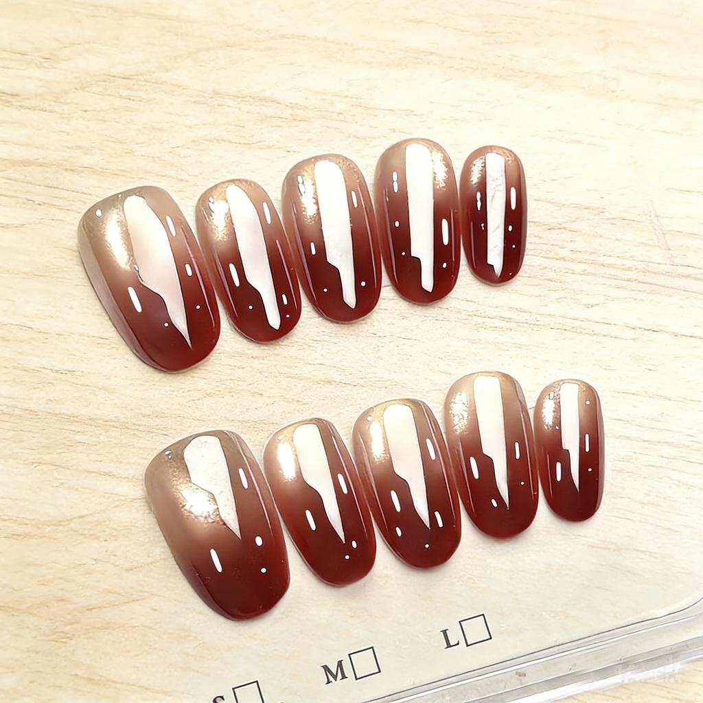10pcs Red Pomegranate Cat Eye Glass Bead Handmade Short Oval Press On Nails Full Coverage Nail Tips For Women