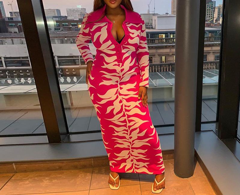 2025 Autumn/Winter Women's Bodycon Lapel Button-Down Printed Long Dress