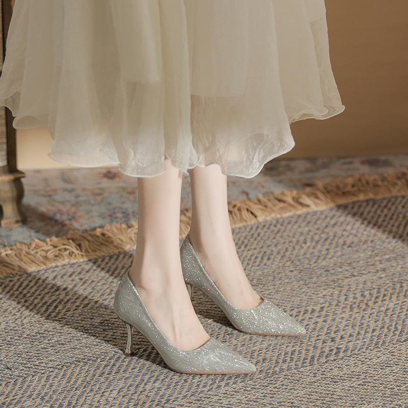 Sheepskin version~ glossy pointed high heels women's stilettos summer 2025 new wedding shoes bride shoes crystal single shoes