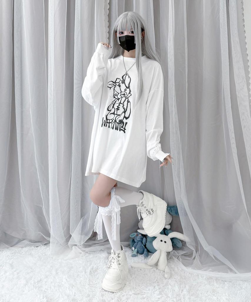 WEGO Whinny Rebellious Dark Rabbit Big Pullover Long Sleeve Size White Top, T-Shirt, Cute, Girly, Subculture, Women's, F,
