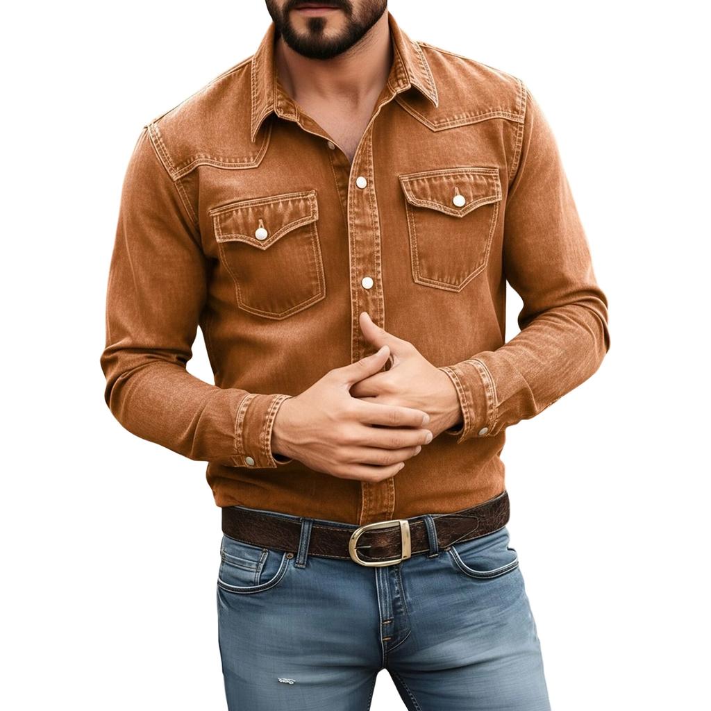Men's Color Casual Loose Button-Down Collar Faux Pocket Long-Sleeved Shirt
